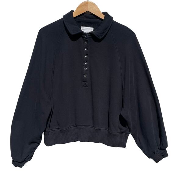 AERIE Women’s 1/4 Snap Pull On Oversized Black Sweatshirt medium - Picture 2 of 4